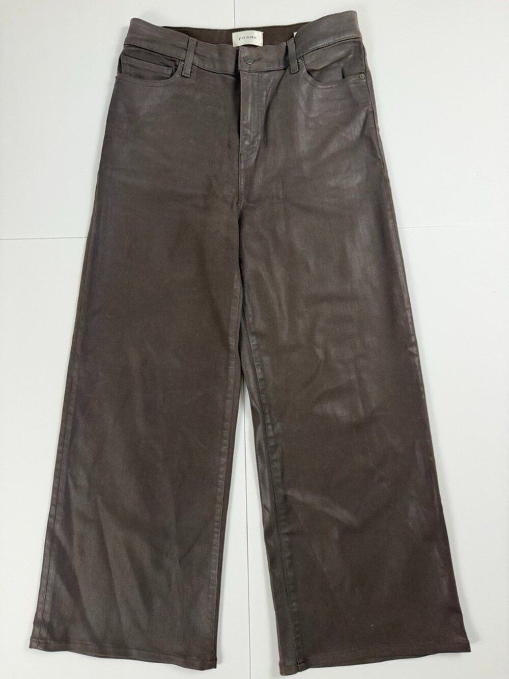 FRAME Le Slim Palazzo Coated Truffle Coated Women 31 Chocolate High Waisted Chic